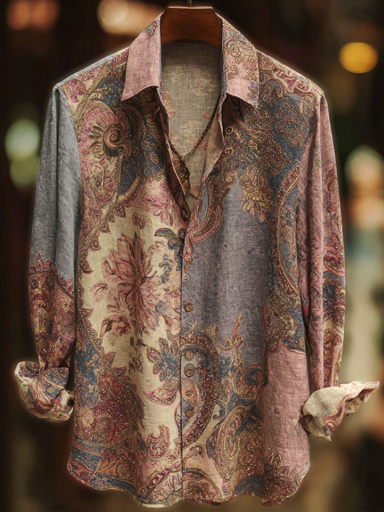 Bohemian Style Plant And Flower Pattern Men's Retro Cotton And Linen  Shirt - Pink
