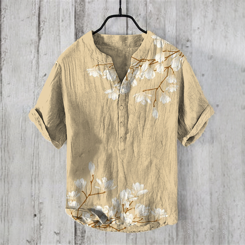 Men's Vintage Japanese Art Magnolia Flower V Neck Casual Linen Blend Shirt - Blue