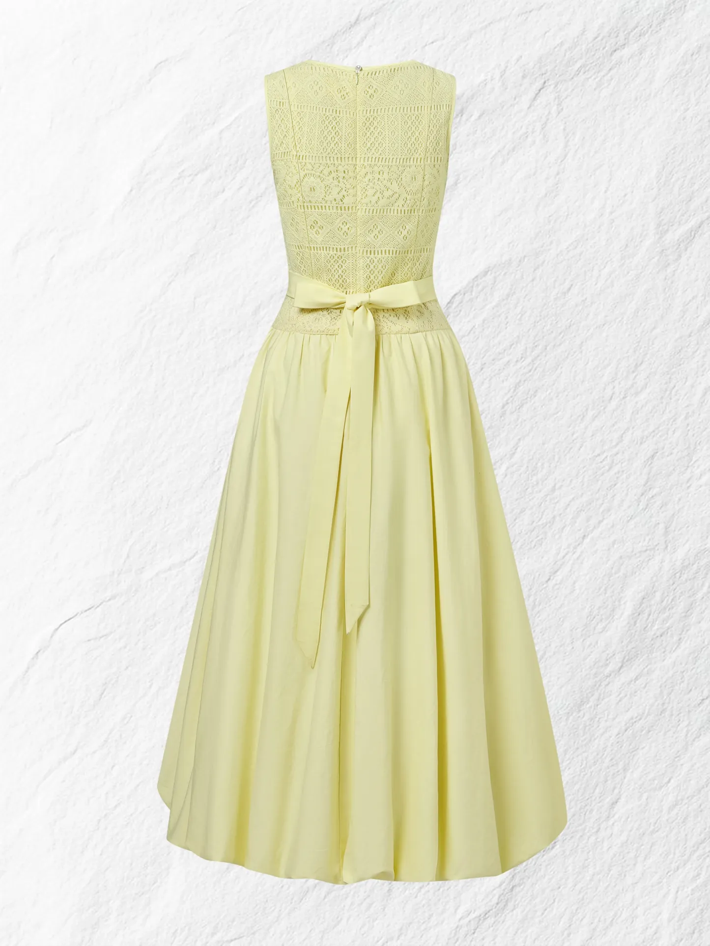 Midi Cotton Dress, Sleeveless, Round Neck, Plain, Lace, French Vintage, Light Yellow - Light Yellow