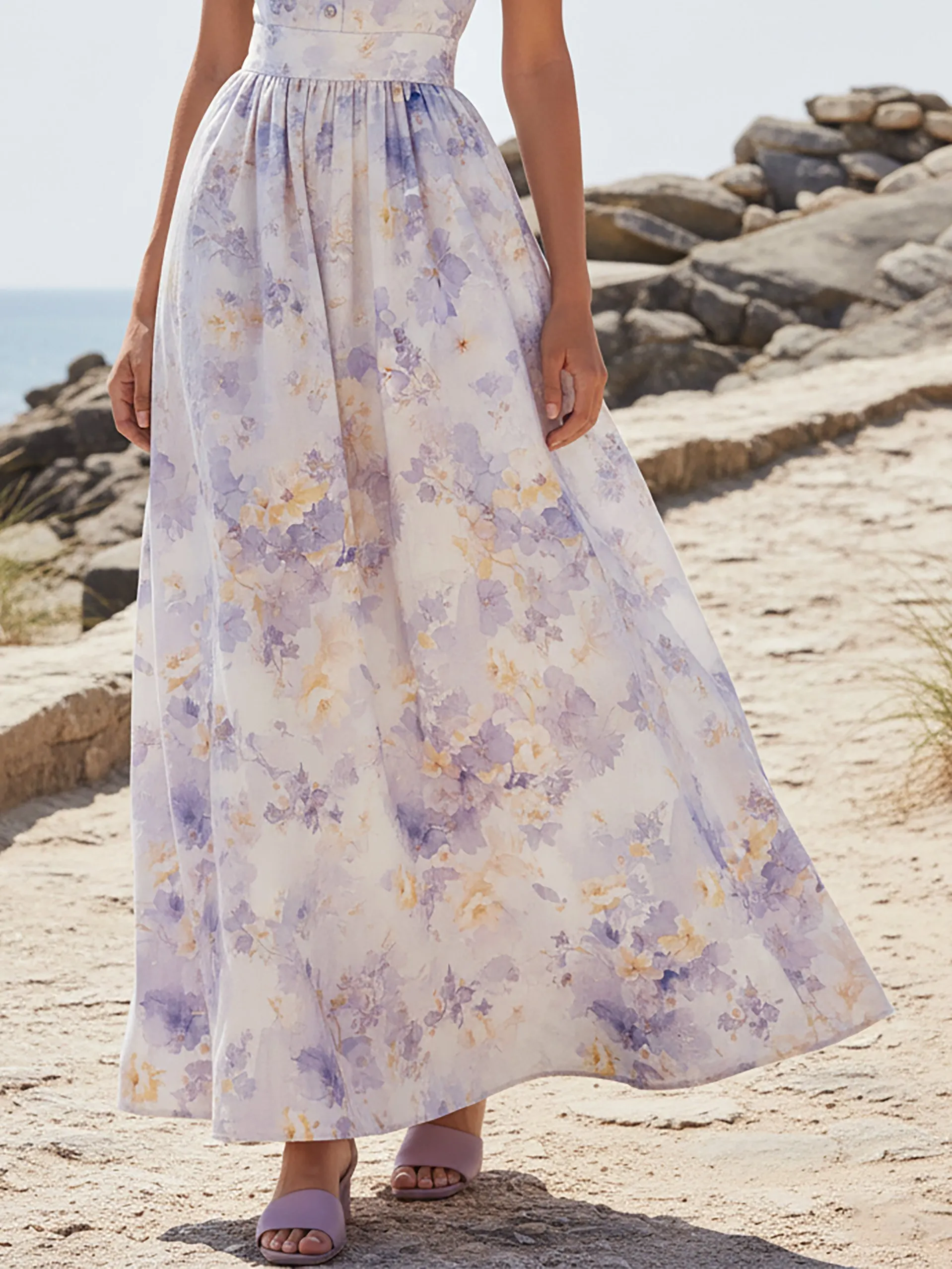 Maxi Linen Dress, Cap Sleeves, V Neck, Floral, Button Design, Vacation, Vintage, lavender - lavender