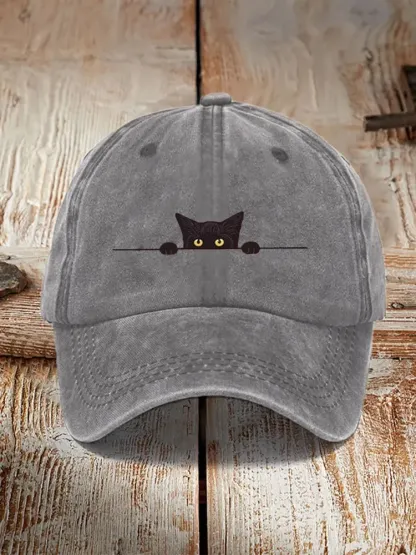 Japanese Art Black Cat Print Washed Hat - grey