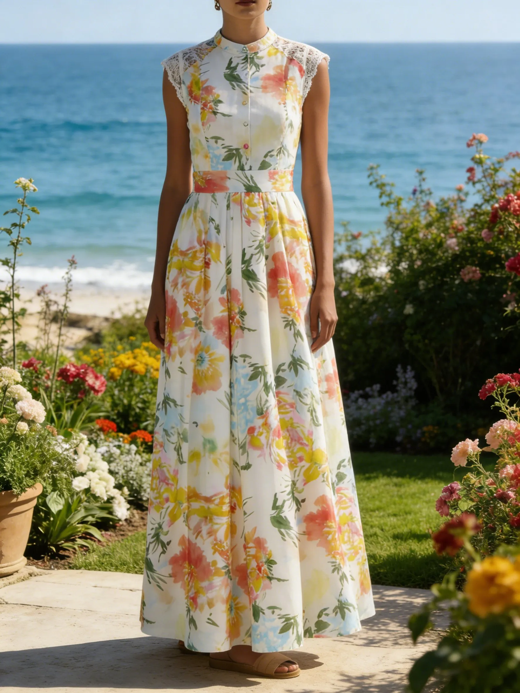 Maxi Cotton Dress, Sleeveless, V Neck, Floral, Lace, Vintage, White - White