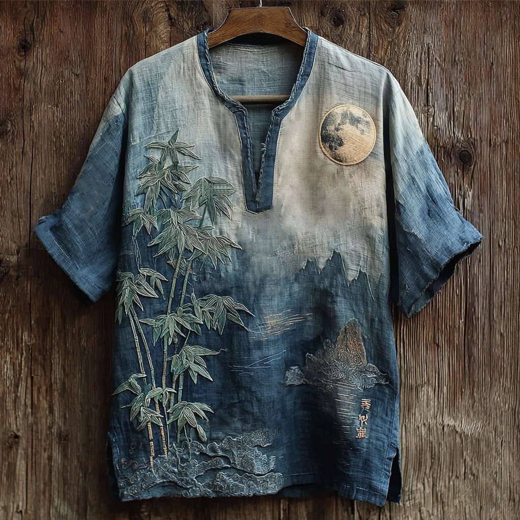 Men's Japanese Moonlit Bamboo Embroidery Art Linen Shirt - Blue