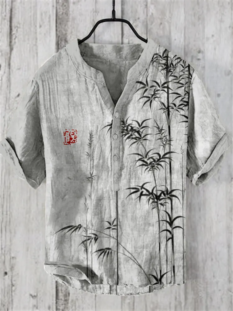 Bamboo Japanese Art Linen Blend Shirt - Khaki