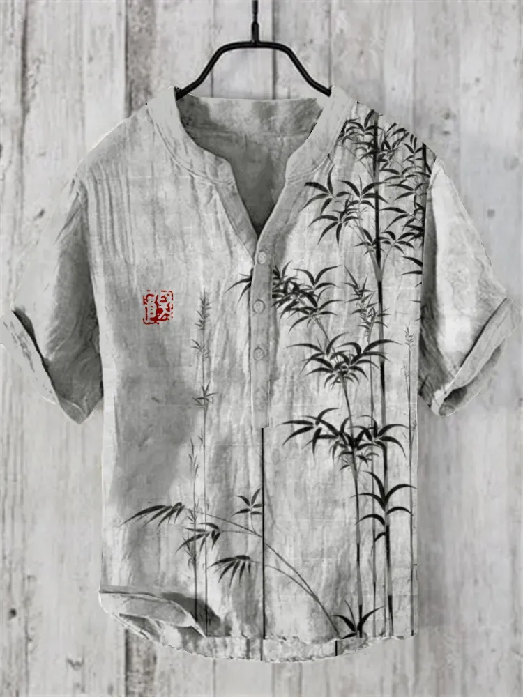 Bamboo Japanese Art Linen Blend Shirt - Khaki