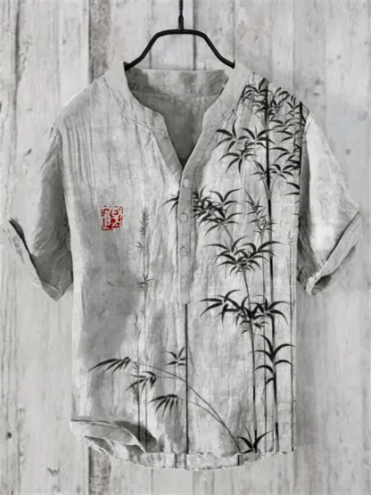Bamboo Japanese Art Linen Blend Shirt - Khaki
