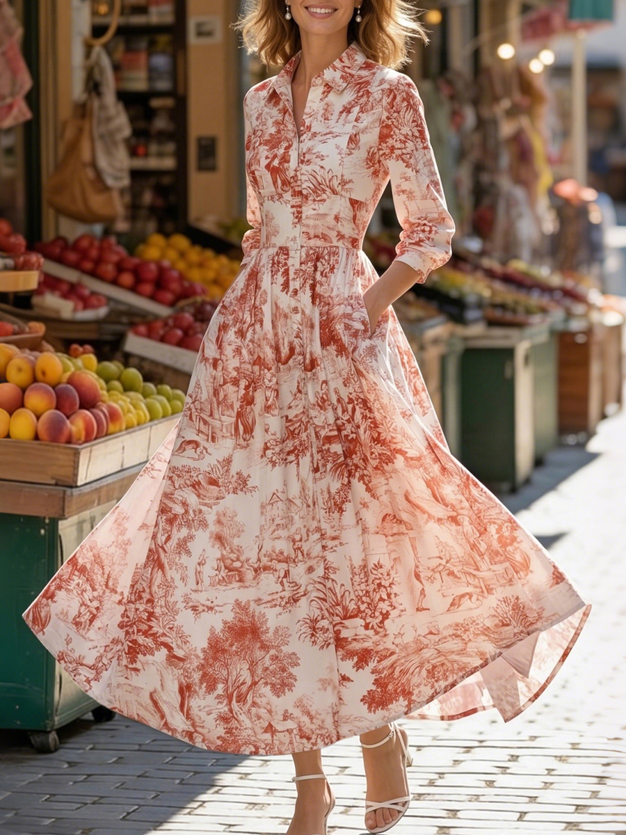 Maxi Linen Dress, Half Sleeve, Shawl Collar, Floral, Button Design, French Vintage, White - White