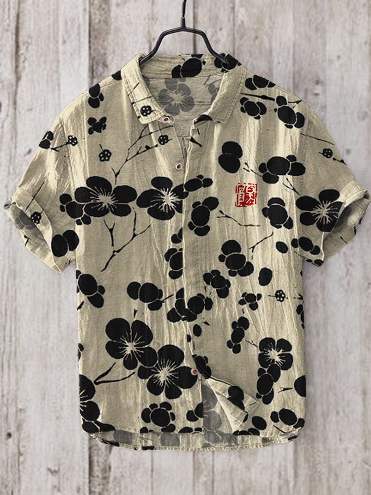 Cherry Blossom Japanese Lino Art Linen Blend Shirt - Black