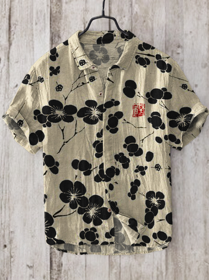 Cherry Blossom Japanese Lino Art Linen Blend Shirt - Black