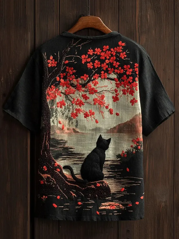 Men's Cat And Cherry Blossom Print Casual V-neck T-shirt - Black
