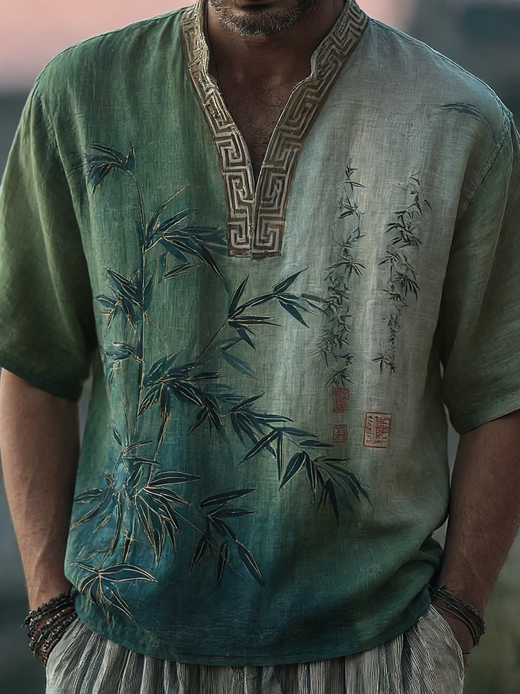 Japanese Bamboo Pattern Embroidered Color Blocked Linen Blend Shirt - Green