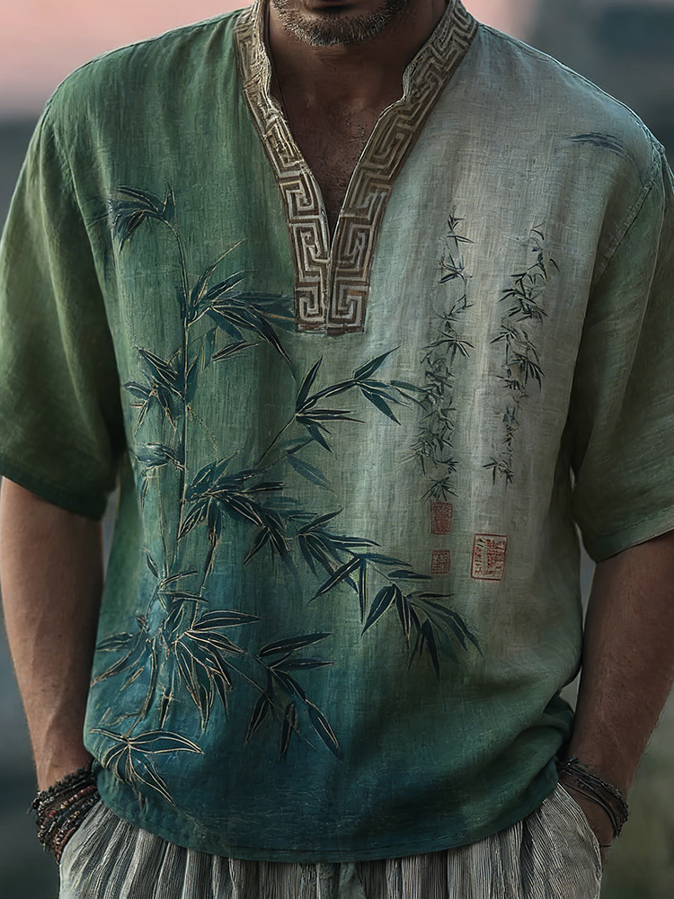 Japanese Bamboo Pattern Embroidered Color Blocked Linen Blend Shirt - Green