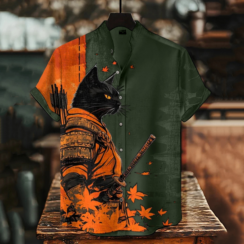 Men's Black Cat Warrior And Maple Leaf Temple Print Casual Shirt - Black
