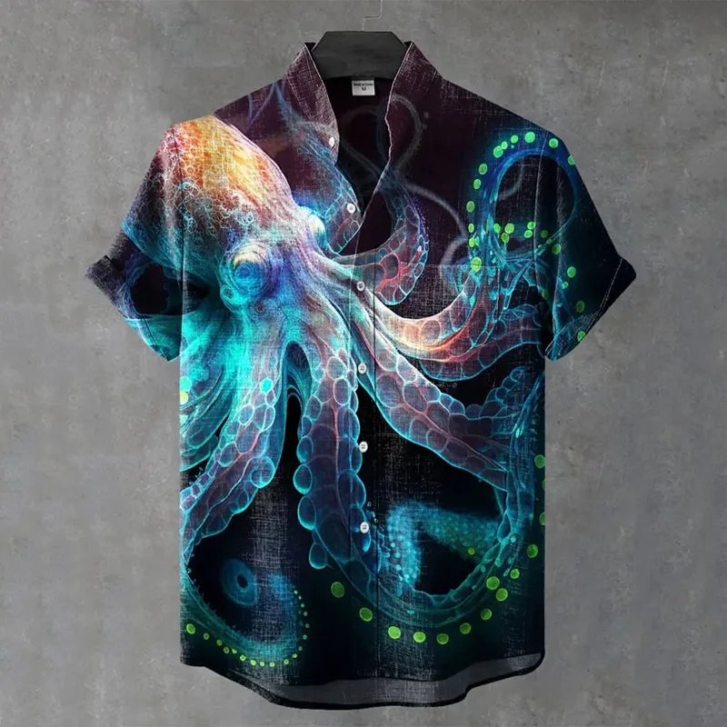 Vintage Fish Octopus Art Print Casual Cotton Shirt - Blue