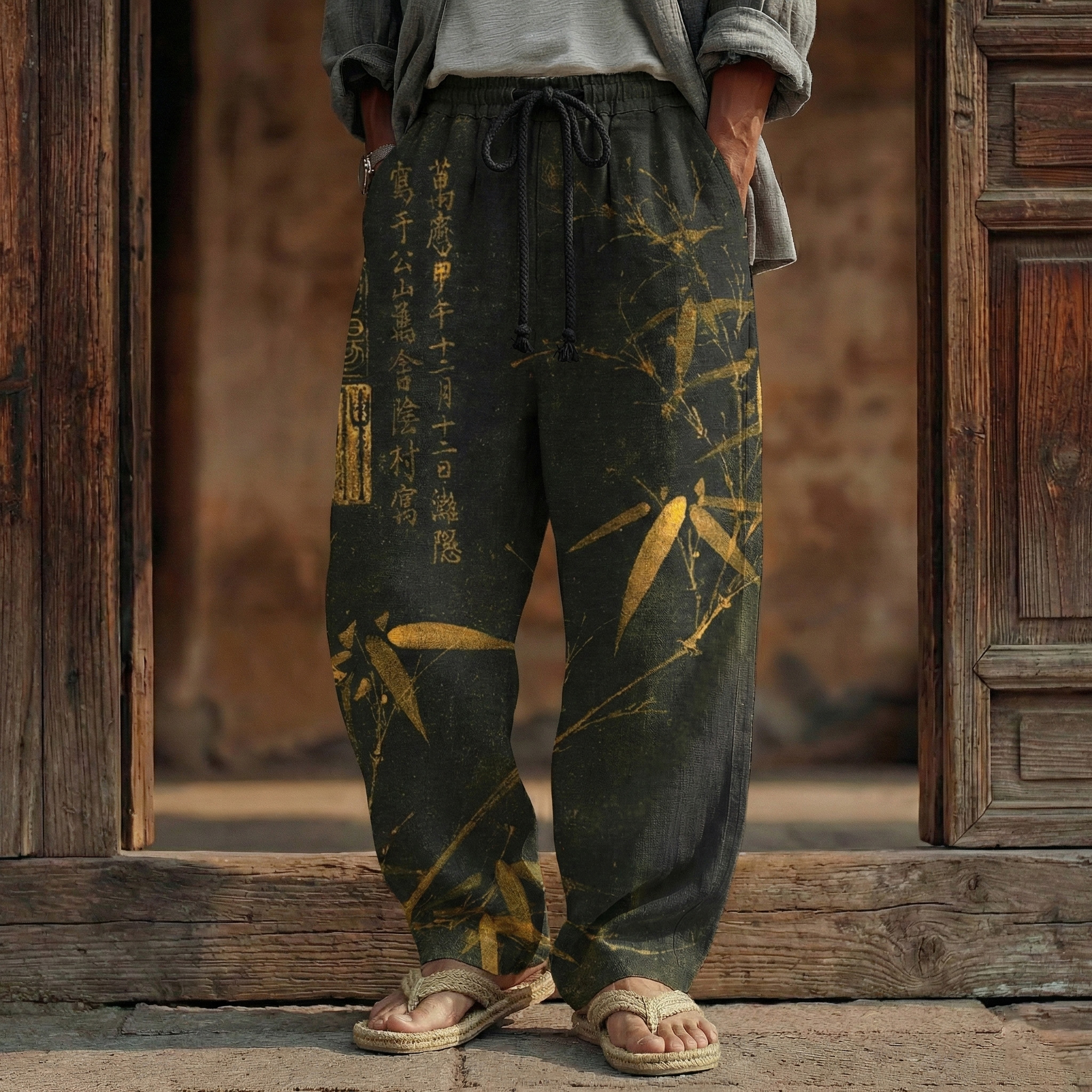 Men's Vintage Bamboo Calligraphy Art Print Linen Blend Pants - Black
