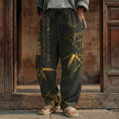 Men's Vintage Bamboo Calligraphy Art Print Linen Blend Pants - Black