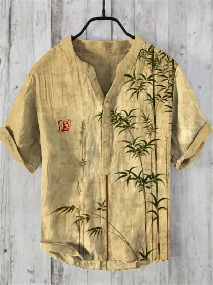 Bamboo Japanese Art Linen Blend Shirt - Khaki