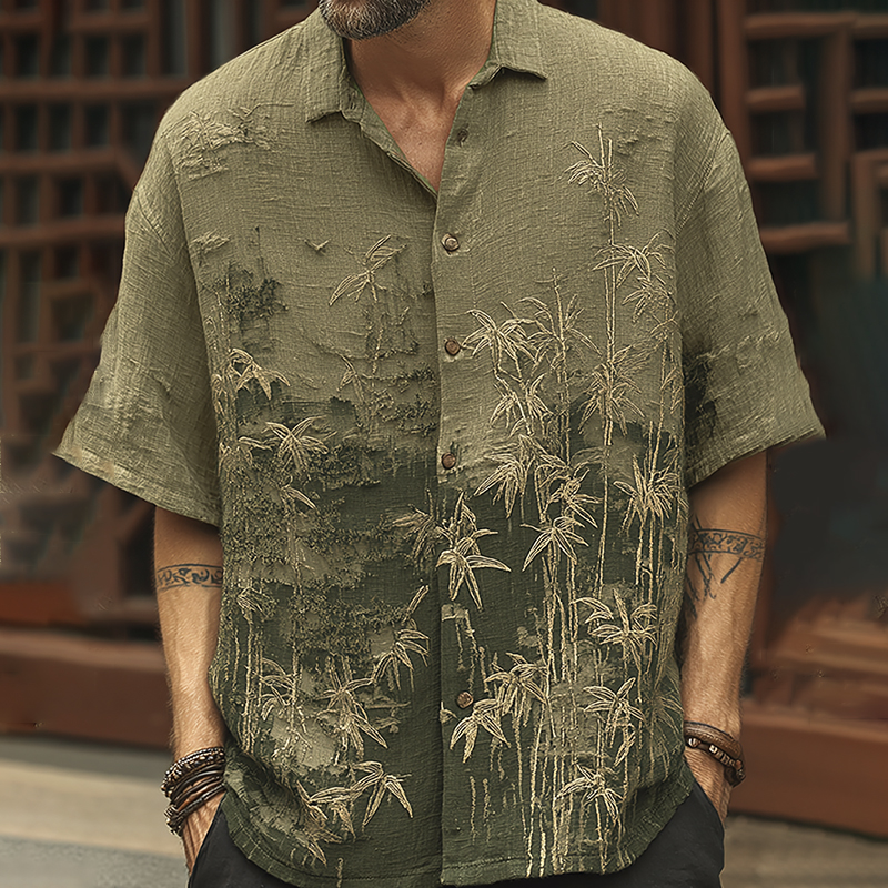Men's Vintage Bamboo Embroidery Short Sleeve Linen Blend Shirt - Army Green