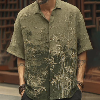 Men's Vintage Bamboo Embroidery Short Sleeve Linen Blend Shirt - Army Green