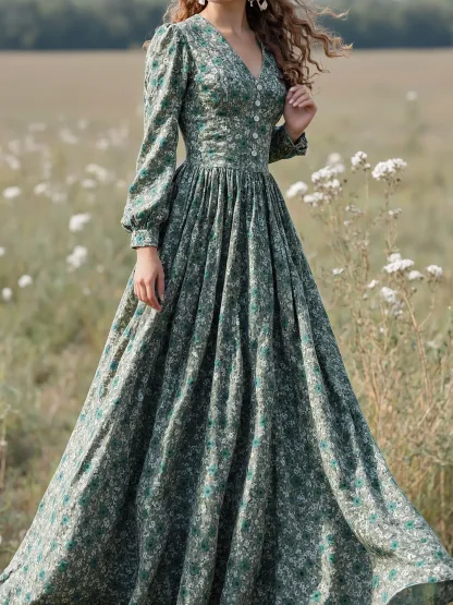 Maxi Linen Dress, Long Sleeves, V Neck, Floral, Button Design, Vintage, Green - Green
