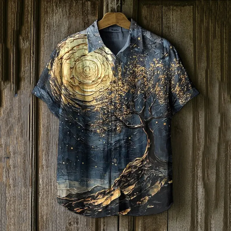 Men's Moonlight Tree Natural Scenery Art Print Casual Shirt - Navy blue