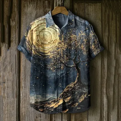 Men's Moonlight Tree Natural Scenery Art Print Casual Shirt - Navy blue