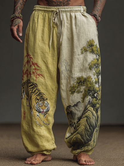 Men's Retro Japanese Tiger Embroidery Art Linen-blend Casual Pants - Yellow