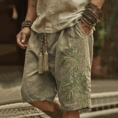 Japanese Bamboo Embroidery Art Linen Blend Casual Shorts - Grey