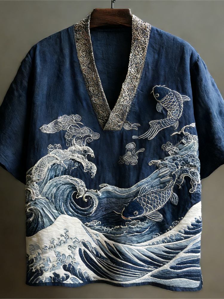 Japanese Ocean Art Linen V-neck Shirt - Navy blue
