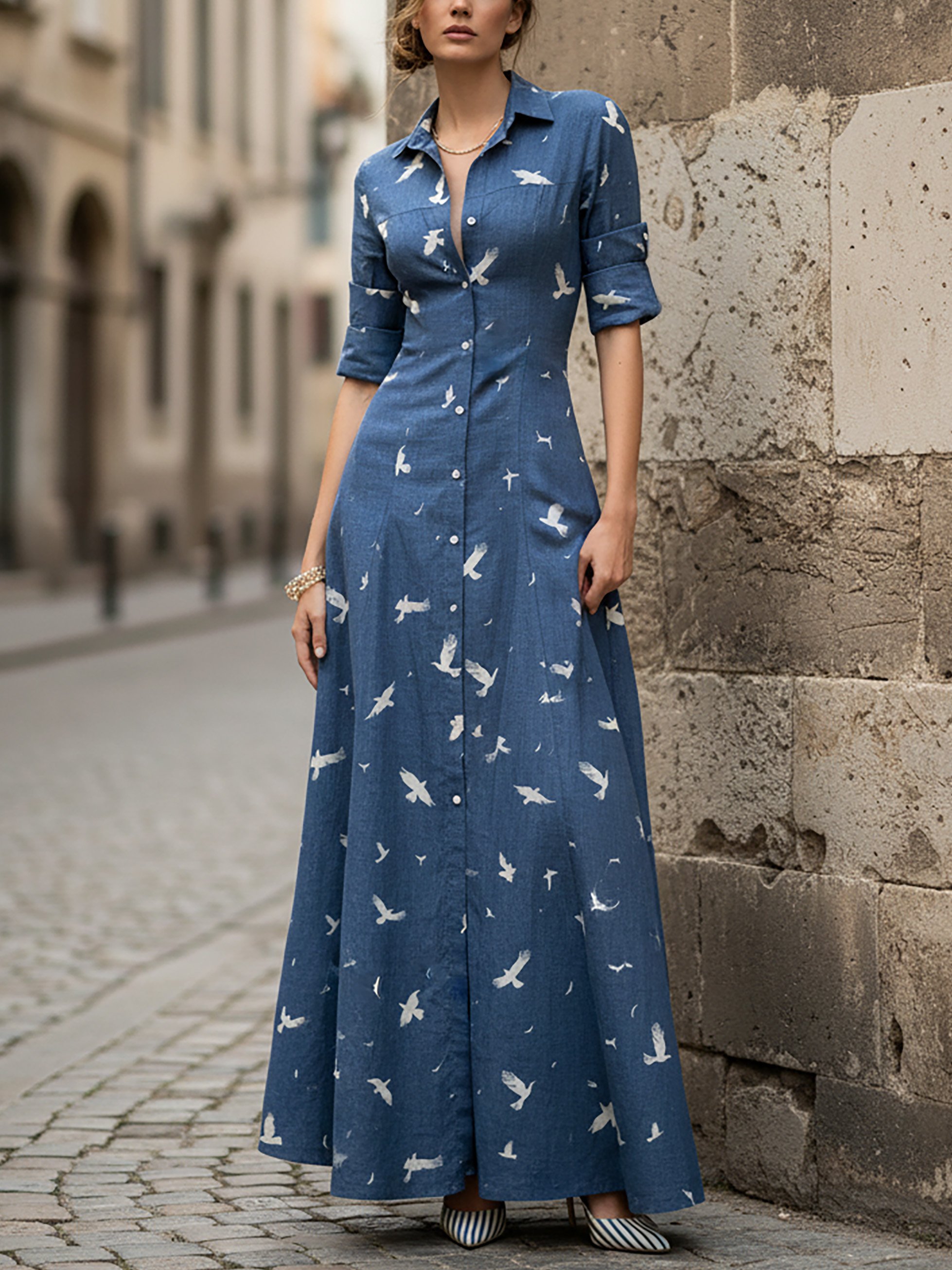 Maxi Linen Dress, Long Sleeves, Shawl Collar, Bird, Button Design, Vintage, Blue - Blue