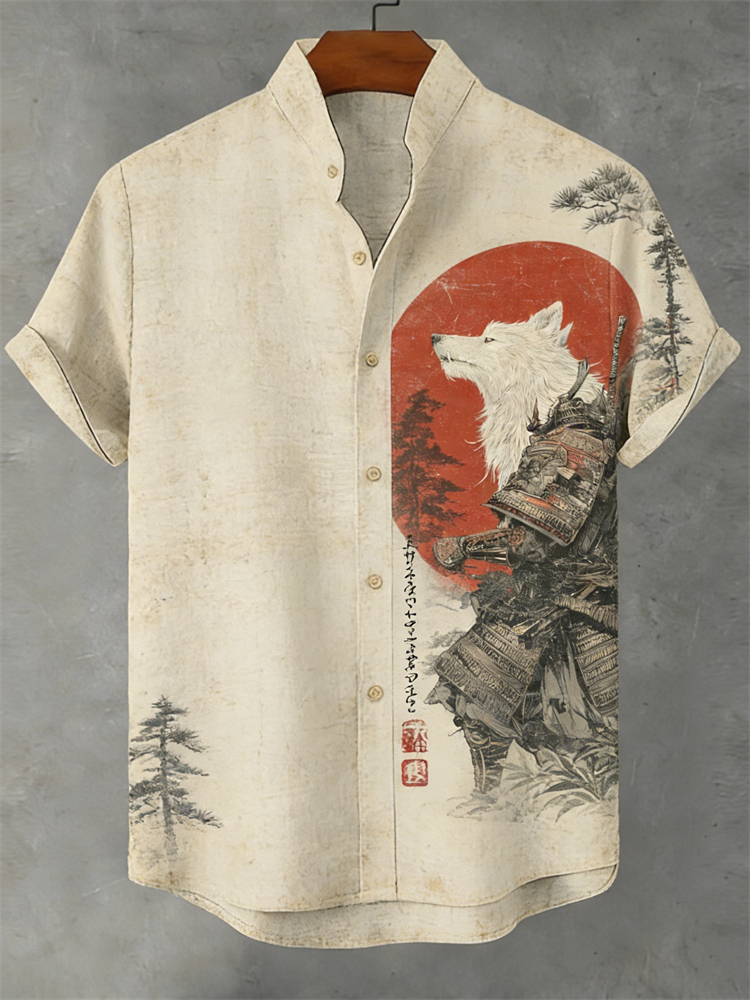 Japanese Wolf Samurai & Pine Trees Sunrise Linen Shirt - Beige