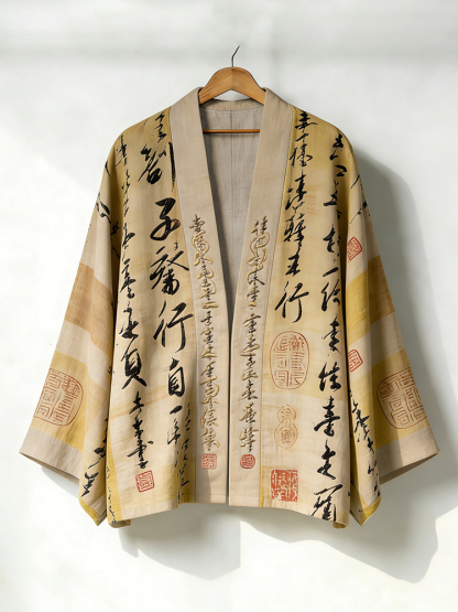 Men's Retro Calligraphy Art Print Linen Kimono - Khaki
