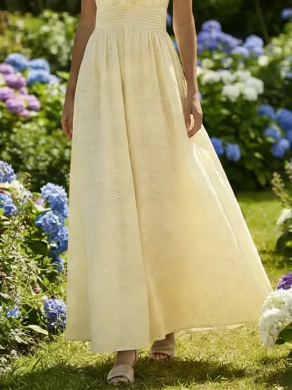 Maxi Cotton Dress, Sleeveless, V Neck, Plain, Lace, Vintage, White - Light Yellow