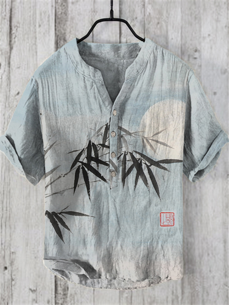 Bamboo & Moon Japanese Art Linen Blend Shirt - Blue