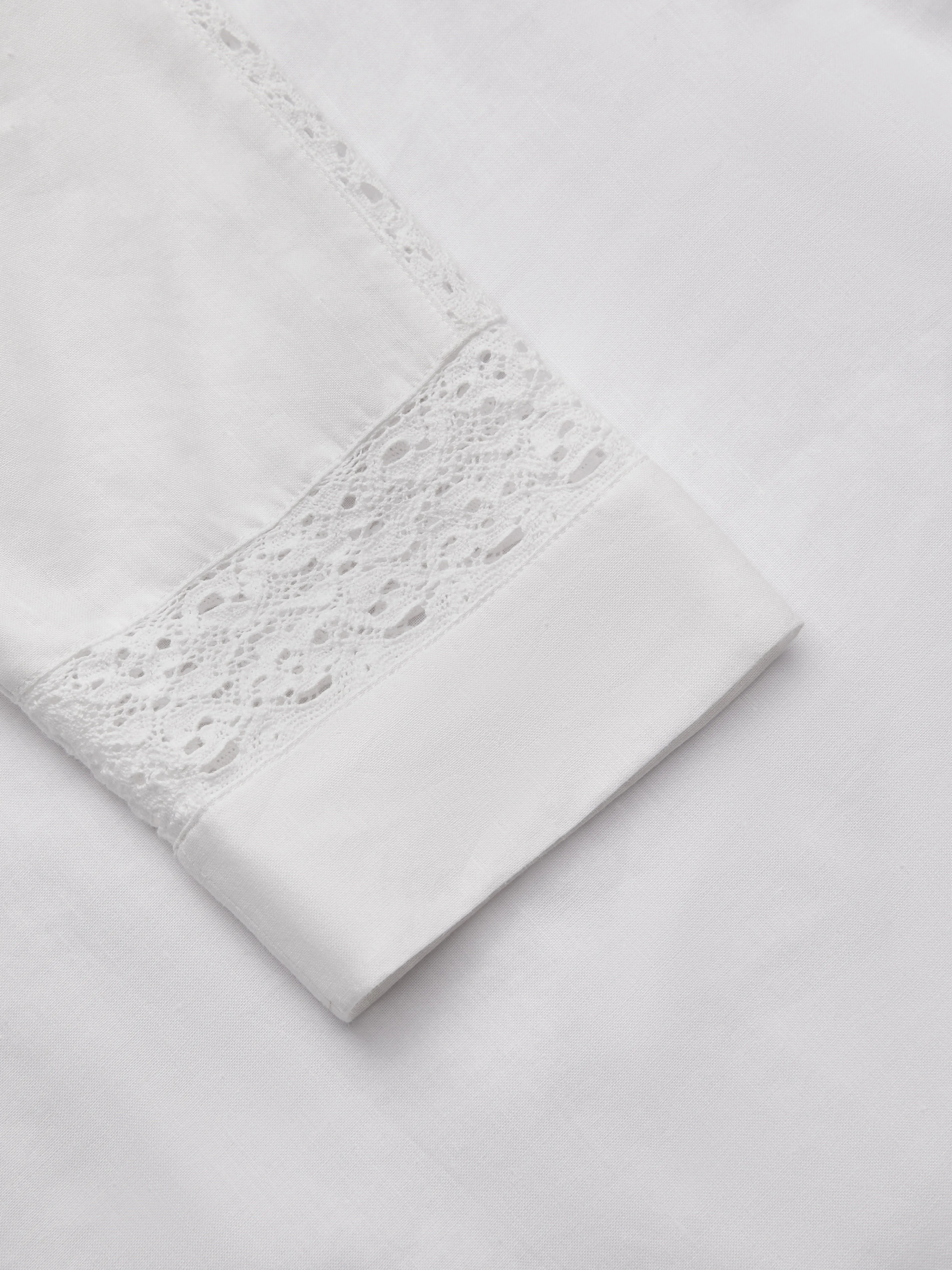 Midi Cotton Dress, Half Sleeve, Round Neck, Plain, Lace, Vacation, Vintage, White - White