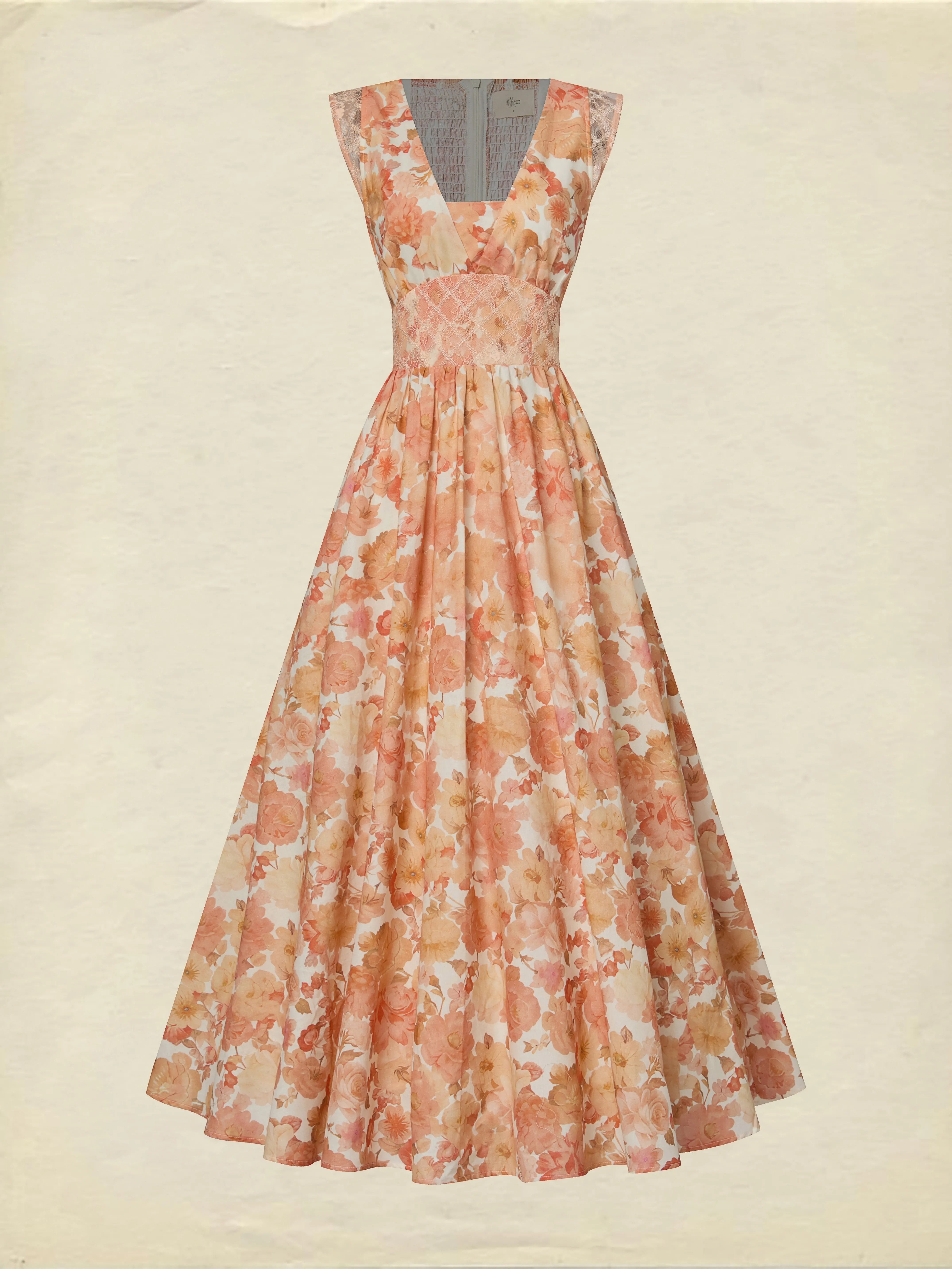 Maxi Linen Dress, Sleeveless, V Neck, Floral, Lace, Vacation, Vintage, Light Orange - Light Orange