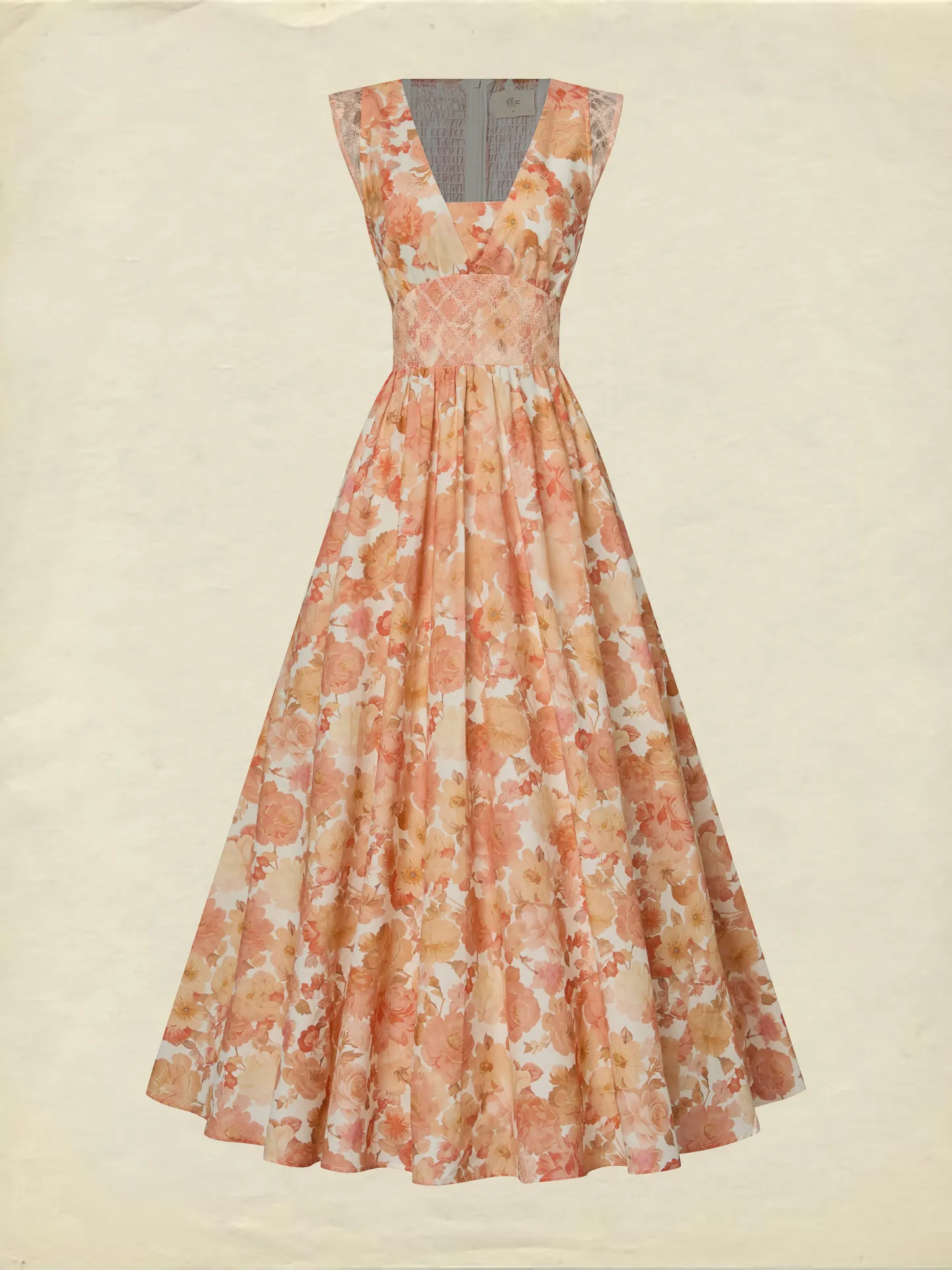 Maxi Linen Dress, Sleeveless, V Neck, Floral, Lace, Vacation, Vintage, Light Orange - Light Orange