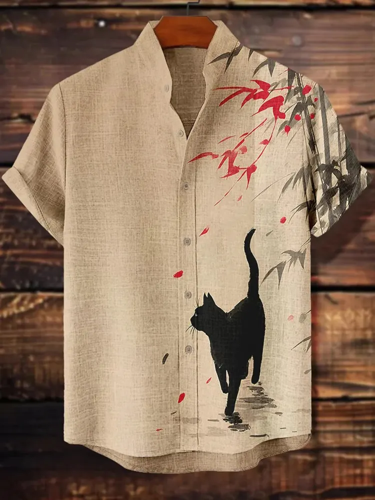 Men's Black Cat Walking In Bamboo Forest Ink Painting Print Casual Shirt - Beige