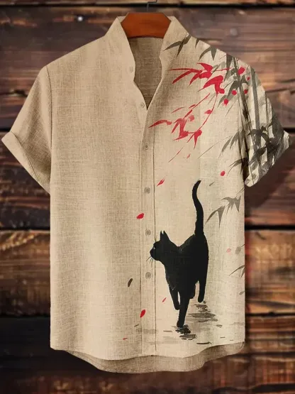Men's Black Cat Walking In Bamboo Forest Ink Painting Print Casual Shirt - Beige