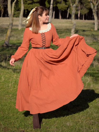 Maxi Cotton Dress, Long Sleeves, Square Neck,  Princess Line, Linen Blend, Orange - Orange