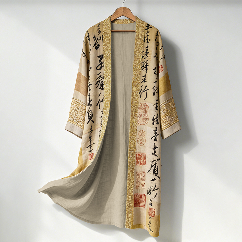 Men's Retro Calligraphy Art Print Linen Long Kimono - Khaki