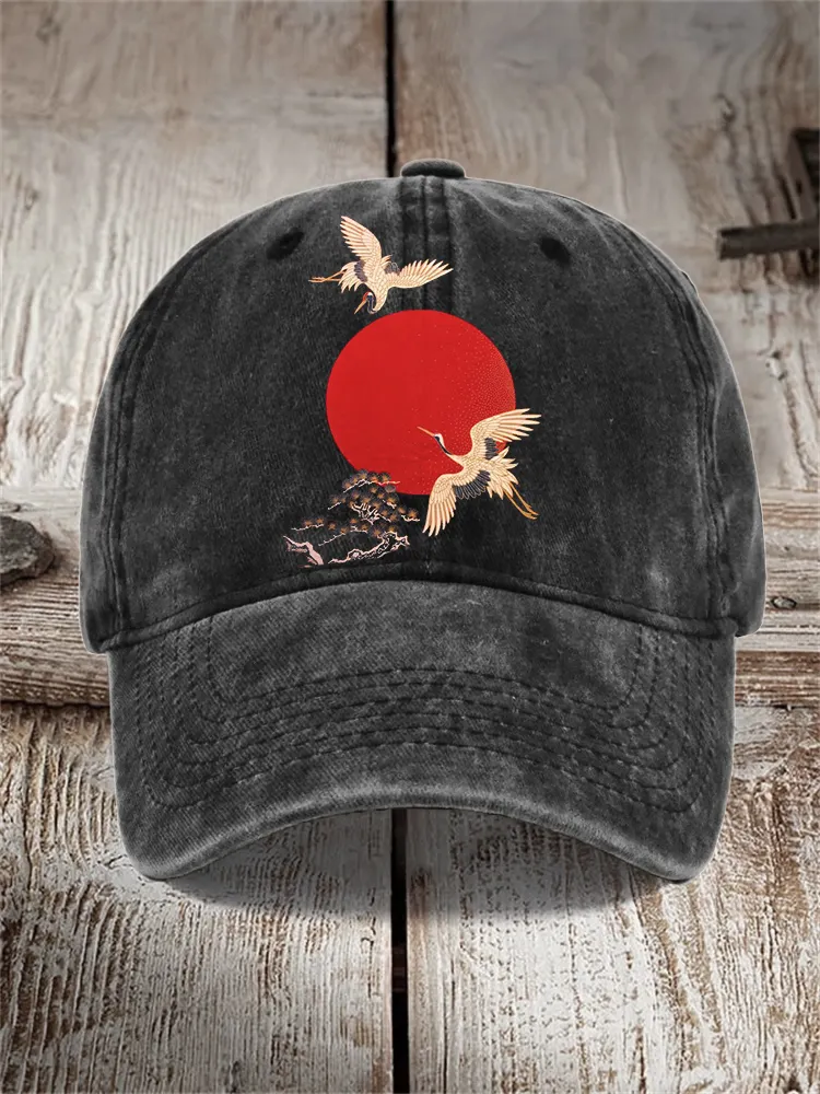 Cranes Sunrise Japanese Art Washed Cap - Black