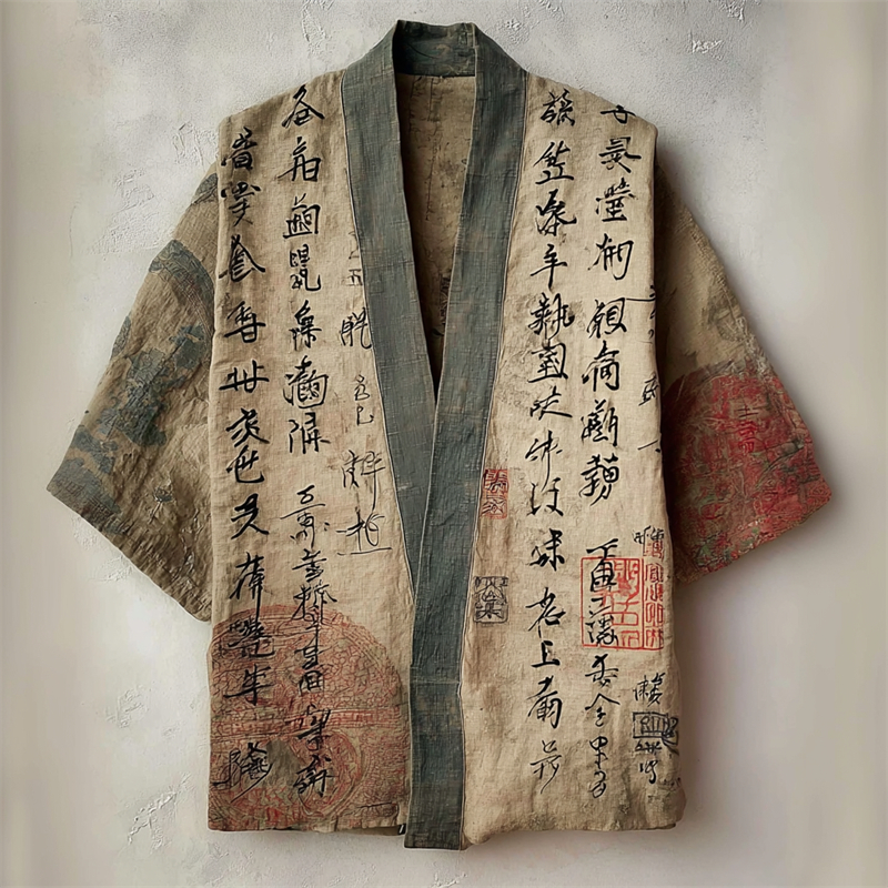 Japanese Ancient Calligraphy Art Linen Kimono Cardigan - Khaki