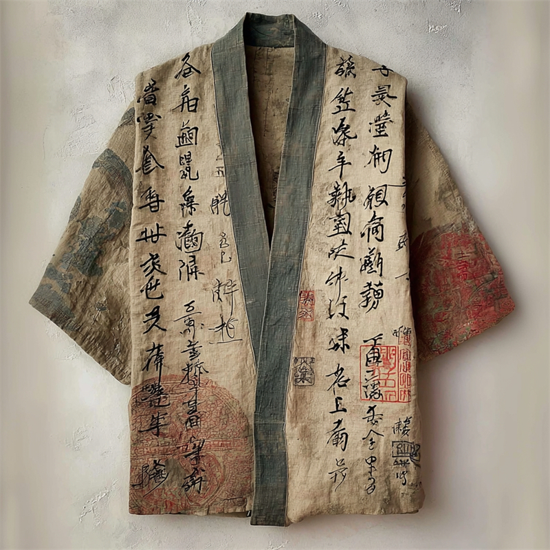 Japanese Ancient Calligraphy Art Linen Kimono Cardigan - Khaki