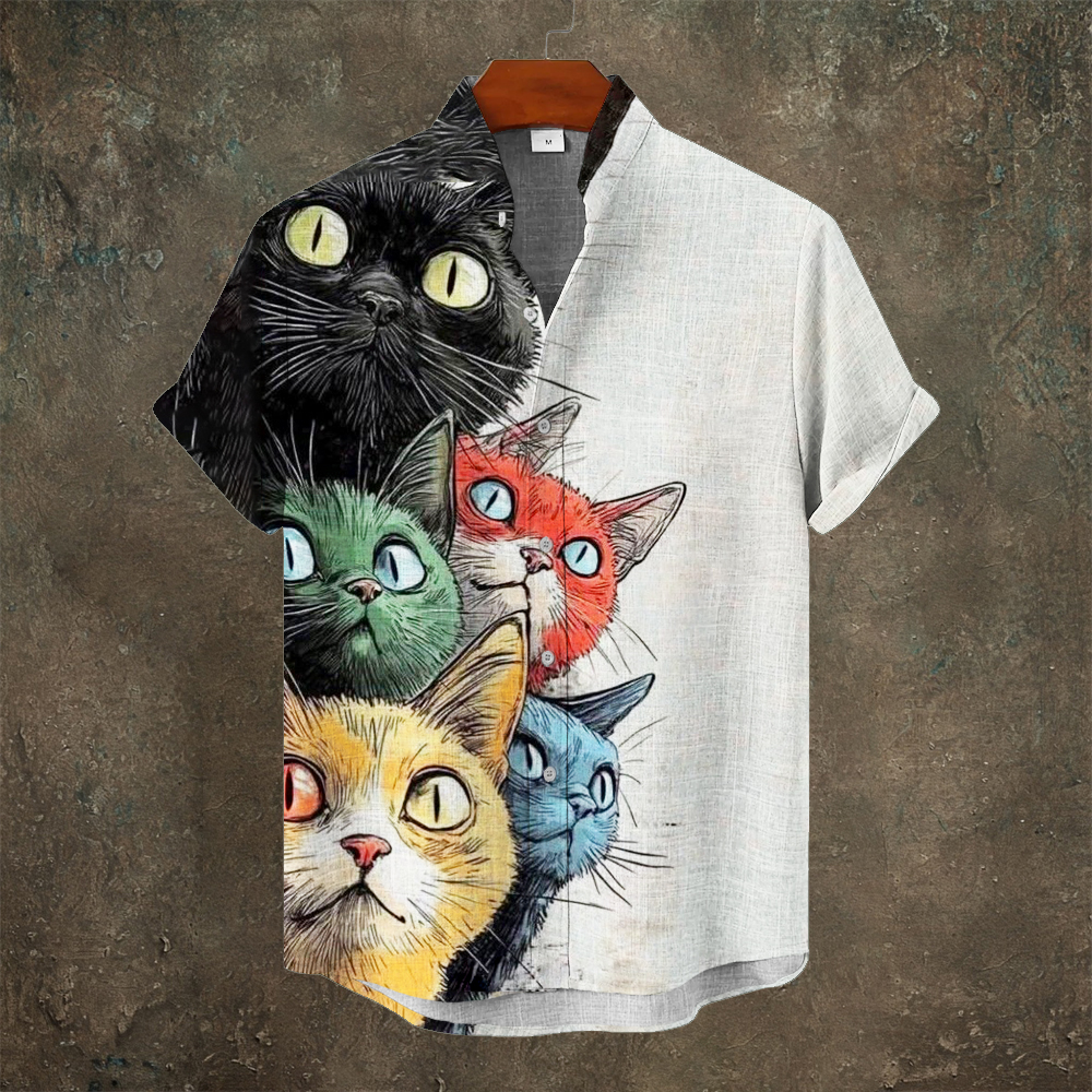 Japanese Cat Print Men's Linen Short Sleeve Shirt - Light gray