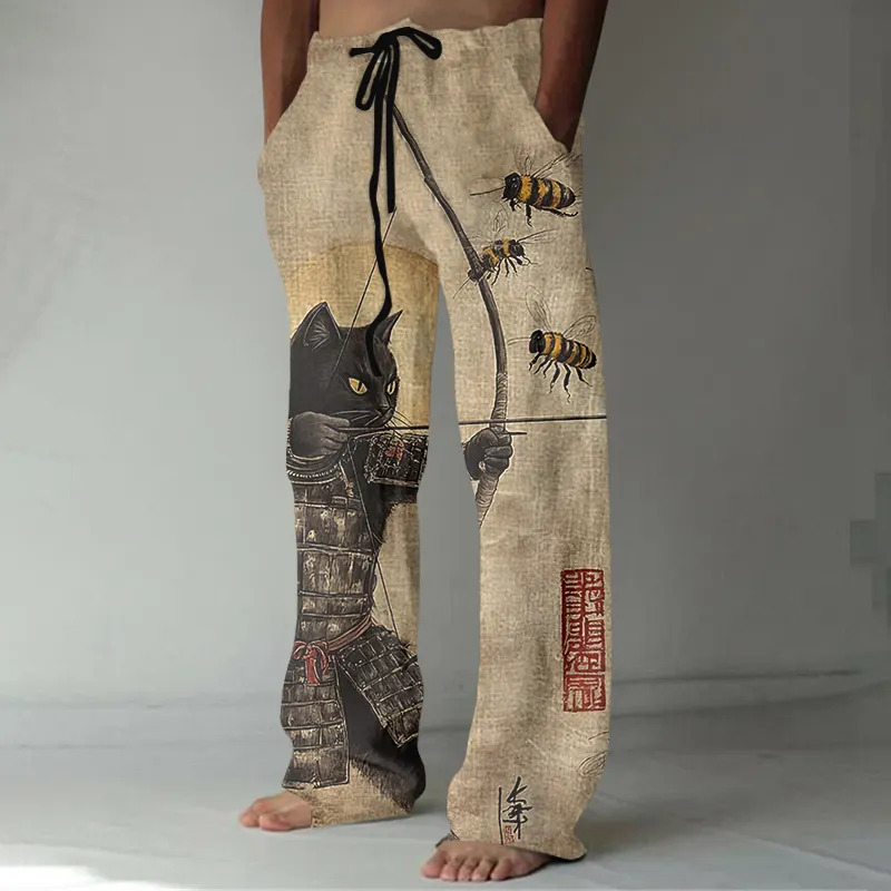 Men's Black Cat Tribal Warrior Japanese Kyudo Print Linen Pants - Khaki