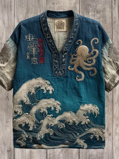 Japanese Wave & Octopus Art Men's Linen V-neck Shirt - Blue