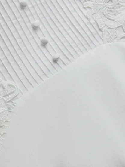 Midi Cotton Dress, Sleeveless, Round Neck, Plain, Lace, Vintage, White - White