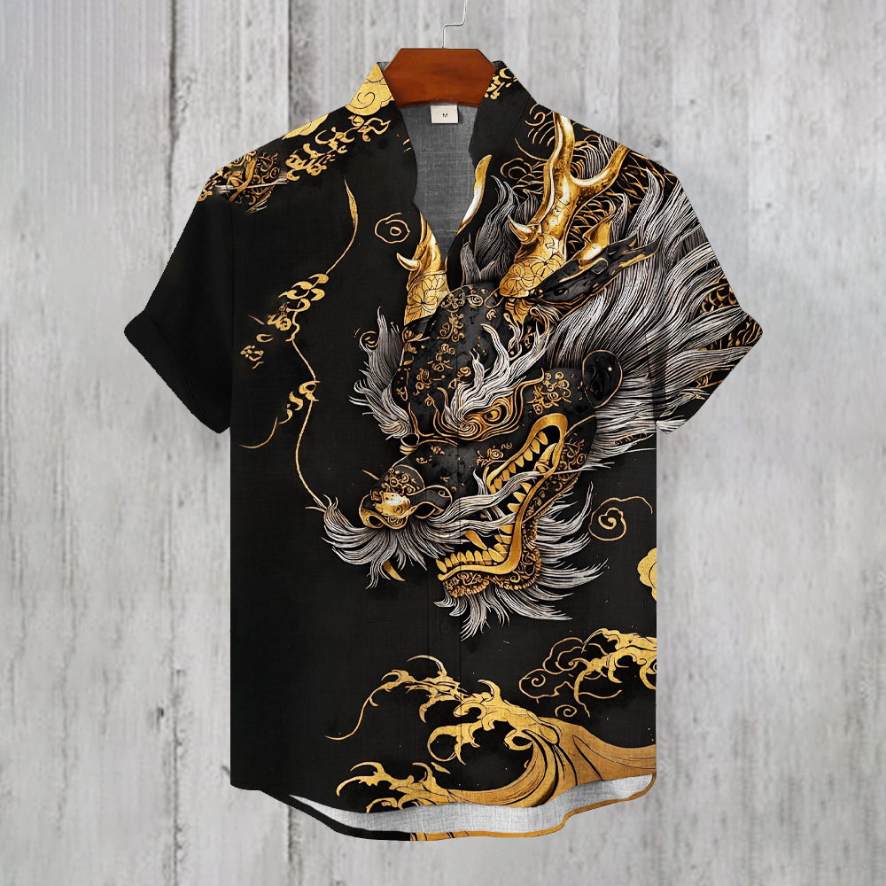 Japanese Dragon Totem Art Men's Casual Short Sleeve Shirt - Black