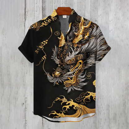 Japanese Dragon Totem Art Men's Casual Short Sleeve Shirt - Black